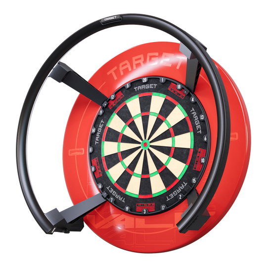 Das Bild zeigt das Produkt "Target OMNI Auto-Scoring-System", ein modernes Dartboard mit automatischer Punkteerfassung. Das Dartboard ist von einem markanten roten Gehäuse und einem schwarzen Ring umgeben.