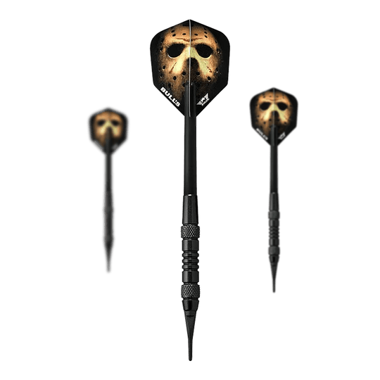 Freccette morbide Bulls NL Thriller in ottone nero - 18 g Hier sieht man das Set Bulls NL Thriller Black Brass Softdarts - 18g. Das Set umfasst mehrere Softdarts in schwarzer Optik.