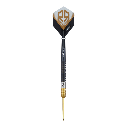 Freccette in acciaio bicolore Unicorn Ross Smith Das Bild zeigt einen Steeldart namens "Unicorn Ross Smith Two-Tone". Der Dartpfeil hat ein schwarz-goldenes Design und das Unicorn-Logo auf den Flights.