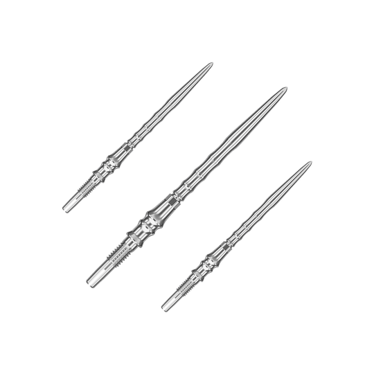 Punte per freccette Target Japan Premium Swiss Point - Argento Das Bild zeigt ein Set silberner SwissPoint-Dartspitzen mit 35 mm Länge. Diese Dartspitzen stammen aus der Target Japan Premium Kollektion.