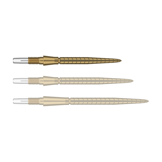 Punte per freccette Target Swiss Storm Quartz - Oro Auf dem Bild sind drei goldene Dartspitzen in einer Reihe zu sehen. Sie haben ein spiralförmiges Muster und am hinteren Ende einen silbernen Abschnitt.