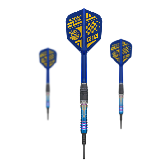 Target Japan Rising Sun GEN10 freccette morbide - 21,5 g Auf dem Foto ist das Set Target Japan Rising Sun GEN10 Softdarts - 21,5g zu sehen. Das Set enthält mehrere hochwertige Dartpfeile.