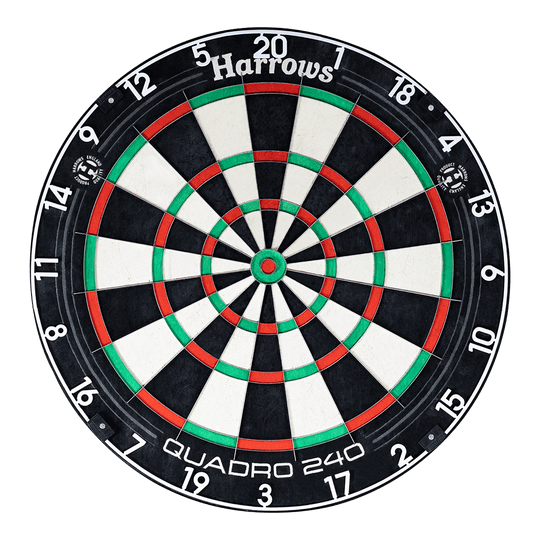 Bersaglio per freccette in acciaio Harrows Quadro 240 Das Bild zeigt ein Harrows Quadro 240 Steeldartboard. Die Dartscheibe hat farbige Segmente in Schwarz, Weiß, Rot und Grün.