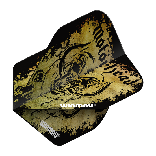 6905-241_Winmau_Motorhead_Acid_Splat_Standard_Flights_21DreJoIxptMVJ Das Bild zeigt das Produkt "Winmau Motorhead Acid Splat Standard Flights". Die Dartflights haben ein auffälliges schwarz-gelbes Design mit dem Schriftzug "Motorhead" und einem künstlerischen Motiv.