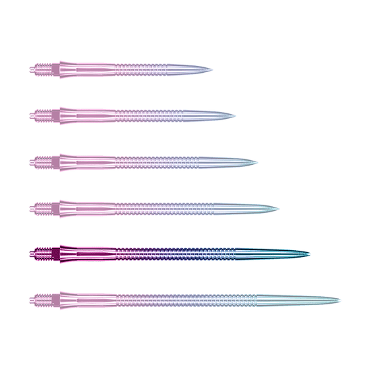 Punte per freccette Caliburn EZ-EVO - Scanalate - Arcobaleno Dargestellt ist eine einzelne Caliburn EZ-EVO Dartspitze in 45 mm Länge und grooved Rainbow-Design. Die Spitze leuchtet in Regenbogenfarben und hat ein geriffeltes Muster.