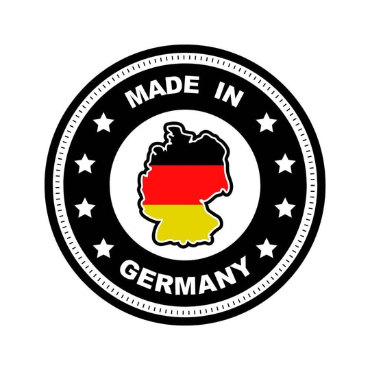 Cornice per bersaglio in acciaio Karella Ultimo Das Bild zeigt ein Siegel mit dem Text „Made in Germany“. In der Mitte befindet sich die Umrisskarte von Deutschland in den Farben der deutschen Flagge.