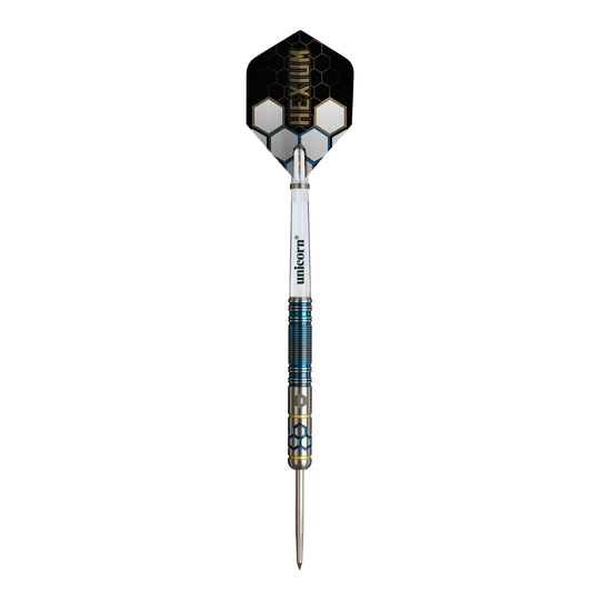 Freccette in acciaio Unicorn Hexium Style 02 blu e oro Abgebildet sind die Unicorn Hexium Style 02 Blue & Gold Steeldarts. Die Farbkombination aus Blau und Gold ist auffällig.
