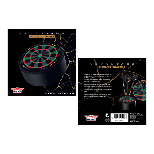 Porta freccette mini Bulls NL Advantage nero Das Bild zeigt den Bulls NL Advantage Black Mini Dart Display Darthalter. Der Halter ist ideal zur Ausstellung von Mini-Darts.
