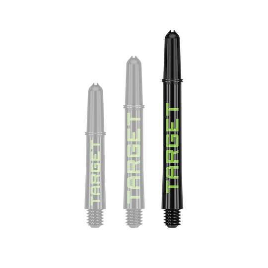 Aste Target Pro Grip TAG - 3 set - Nero Verde Ein Dart-Schaft mit auffällig langem Profil ist zu sehen. Die Farbgebung und Oberfläche sind gut erkennbar.