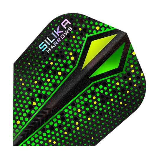 Harrows Silika Colorshift Resistente rivestimento cristallino Green-X No6 Alette Abgebildet ist ein Flight der Harrows Silika Colourshift Tough Crystalline Coating Green-X No6 Flights. Es sind verschiedene Designelemente zu erkennen.