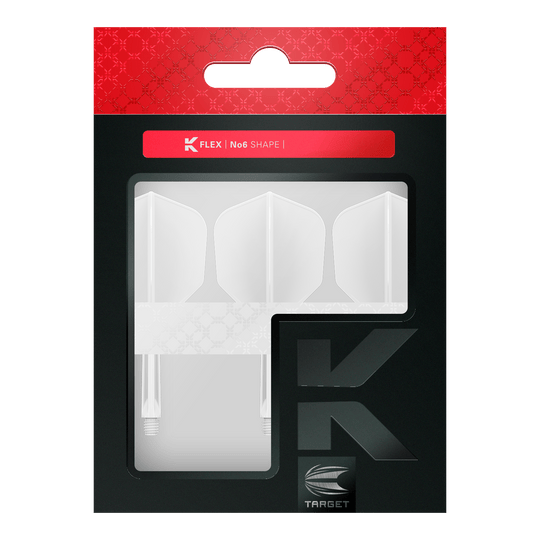 Target K-Flex No6 Flight System - Bianco Die Abbildung zeigt eine Packung mit weißen Dartflights und -shafts der Marke Target. Die Verpackung ist in Schwarz und Rot gehalten und trägt die Aufschrift "K FLEX | No6 SHAPE".