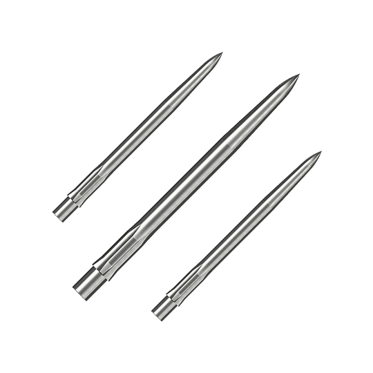 Punte per freccette in acciaio Caliburn System - Lisce - Argento Auf dem Bild sind drei silberne, glatte Stahlspitzen für Dartpfeile zu sehen. Sie sind ordentlich nebeneinander angeordnet und haben eine Länge von 32 mm.