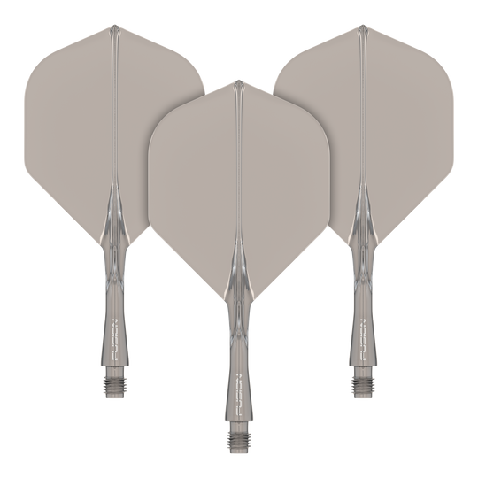 Sistema di alberi di volo a fusione Winmau Standard Smokey Das Bild zeigt drei graue Dart-Flights mit transparenten Schäften. Sie sind ordentlich nebeneinander angeordnet und haben eine standardisierte Pfeilform.