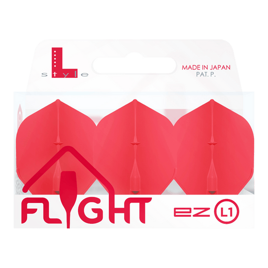Voli standard L-Style Champagne L1EZ Das Bild zeigt eine Packung mit roten L-Style Champagne L1EZ Standard Flights. Die Verpackung ist durchsichtig und trägt die Aufschrift "Made in Japan".