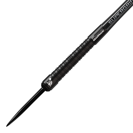 Freccette in acciaio Harrows Supergrip Black Edition Das Bild zeigt einen schwarzen Steeldart der Marke Harrows aus der Supergrip Black-Edition. Der Dart hat ein geriffeltes Griffstück und ein elegantes, komplett schwarzes Design.
