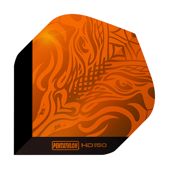 Voli standard Pentathlon HD150 arancio metallizzato Das Bild zeigt ein Pentathlon HD150 Metallic Orange Standard Flight. Das Design ist orange mit metallischem Glanz und auffälligen Mustern.