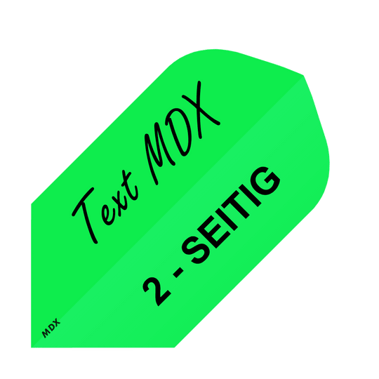 MD-453_2-Seitig_Bedruckte_Flights_Wunschtext_MDX_Gr-n_Slim_1 Dart-Flights mit eigenem Design und kräftigen Farben. Die Flights sind gestapelt dargestellt.