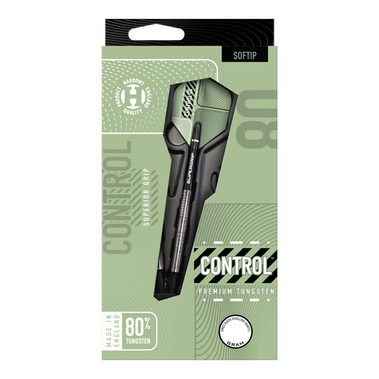 Harrows controlla i Softdarts paralleli Das Bild zeigt die Verpackung der "Harrows Control Parallel Softdarts" mit dem Dartpfeil gut sichtbar. Auf der Verpackung steht, dass der Dart aus 80% Tungsten besteht und für einen überlegenen Griff sorgt.