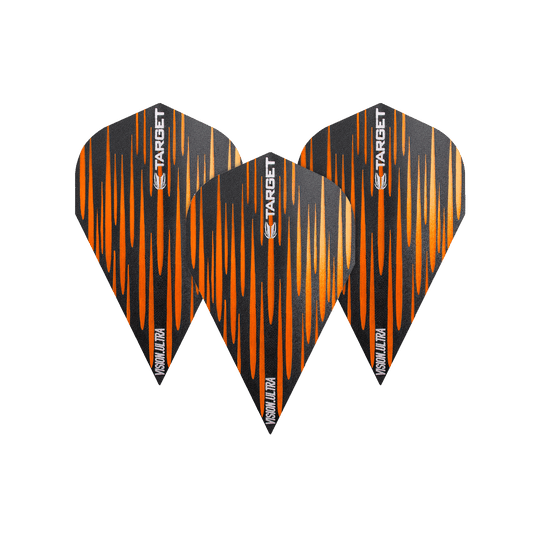 TG72_332380_Target_Vision_Ultra_Spectrum_Orange_Vapor_Flights_1p7OPDfgfpRuXC Das Bild zeigt drei Dart-Flights des Produkts „Target Vision Ultra Spectrum Orange Vapor Flights“. Sie sind schwarz mit orangefarbenen Streifen und haben den Schriftzug „TARGET“ sowie „VISION ULTRA“ aufgedruckt.