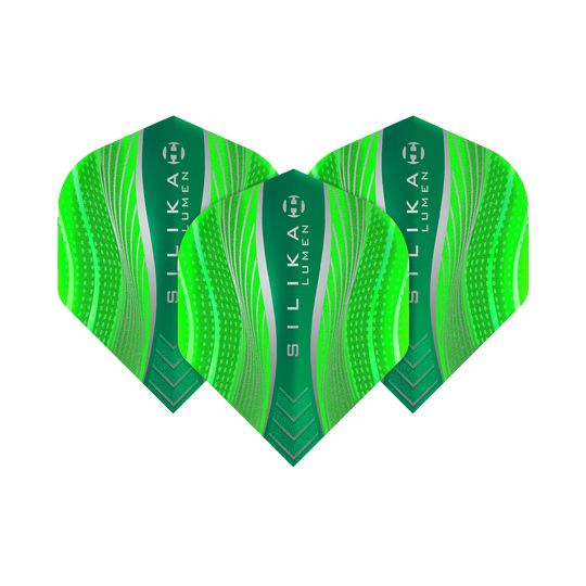 HR63_Harrows_Silika_Lumen_Green_No2_Standard_Flights_1VYF19BE5aETts Harrows Silika Lumen No2 Standard Flights mit feinem grafischem Muster. Die Flights sind gestaffelt dargestellt.