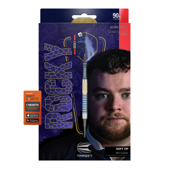 Freccette morbide Target Josh Rock GEN1 - 20 g Die Abbildung zeigt die Softdarts "Target Josh Rock GEN1" mit einem Gewicht von 20g. Auf der Verpackung ist ein Porträt eines Mannes sowie die Angabe "90% Tungsten" und "SOFT TIP" zu sehen.