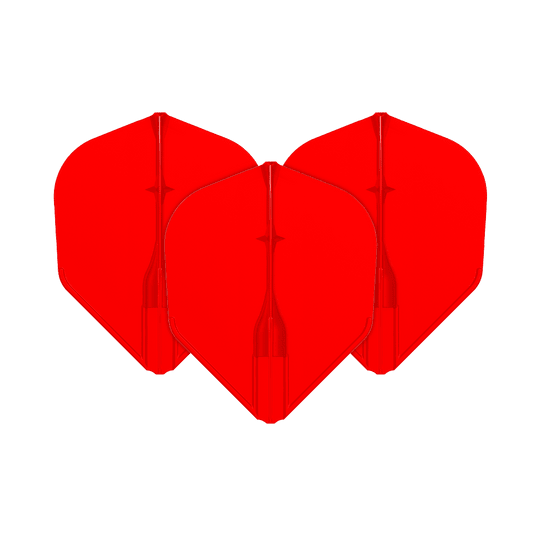 Voli L-L-Style3EZ Auf dem Bild sind drei rote Dart-Flights zu sehen. Sie sind nebeneinander angeordnet und haben eine klassische Pfeilform.