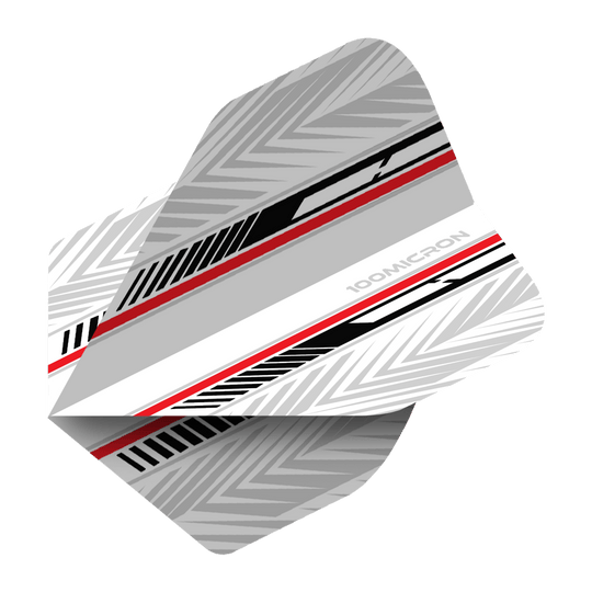 Voli Pentathlon bianchi/neri/rossi Das Bild zeigt ein Dart-Flight mit dem Namen "Pentathlon White Black Red No2 Standard Flights". Es ist überwiegend weiß und grau mit schwarzen und roten Akzenten und geometrischem Muster gestaltet.