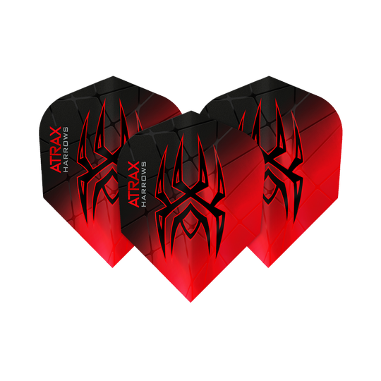 Voli Atrax Prime No6 di Harrow Das Bild zeigt drei Harrows Atrax Prime No6 Flights in Schwarz und Rot mit einem markanten Spinnennetz-Design. Auf jedem Flight steht der Name "Atrax Harrows" an der Seite.