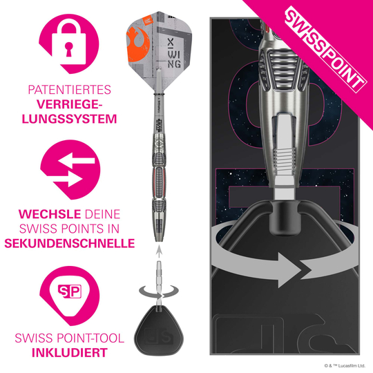 Freccette in acciaio con punta svizzera Target Star Wars X-Wing Target Star Wars X-Wing Swiss Point Steeldarts sind abgebildet. Das Produkt ist inspiriert von Star Wars und in einem speziellen Design gestaltet.