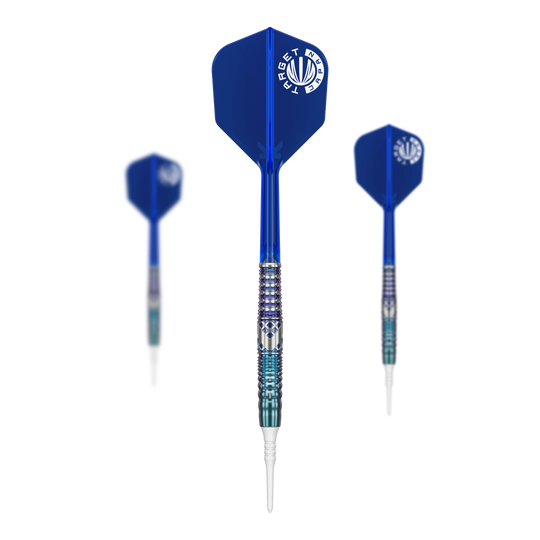 Target Japan Cathy Leung Charis GEN5 Freccette morbide - 19 g Das Bild zeigt drei blaue Softdarts aus der Serie "Target Japan Cathy Leung Charis GEN5 - 19g". Die Spitzen sind weiß, und die Flights tragen das Target-Logo.