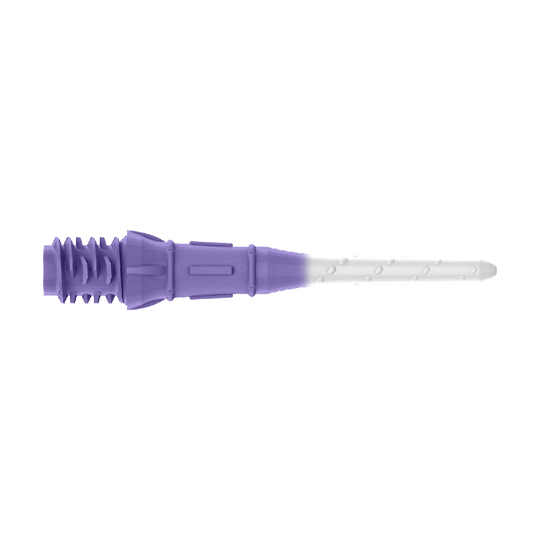 L-Style Premium Two Tone Lippoints (confezione da 30) Das Bild zeigt eine zweifarbige Dartspitze in Lila und Weiß. Der vordere Teil ist weiß, während der hintere Teil lila ist.