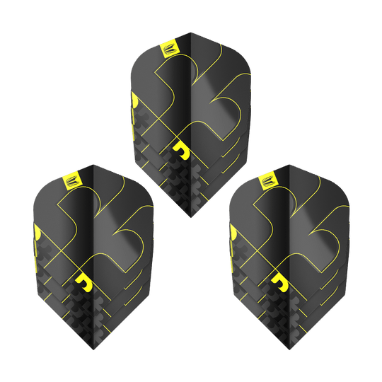 Target ProUltra Bolide Void No6 Flights Das Bild zeigt drei Target ProUltra Bolide Void No6 Flights. Die Flights sind schwarz mit gelben Akzenten und besitzen ein modernes, geometrisches Design.
