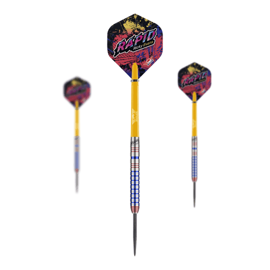 Bulls NL Ricky Evans Rapid Edition Uno Steeldarts Das Bild zeigt drei Steeldarts des Modells "Bulls NL Ricky Evans Rapid Edition One". Die Darts haben bunte Flights mit dem Schriftzug "Rapid" und einen auffälligen gelb-blauen Schaft.