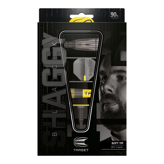 Freccette Target Scott Williams Shaggy Black Soft - 20 g Das Bild zeigt die Verpackung der "Target Scott Williams Shaggy Black Softdarts - 20g". Die Darts bestehen zu 90% aus Wolfram und haben eine schwarze und gelbe Optik.