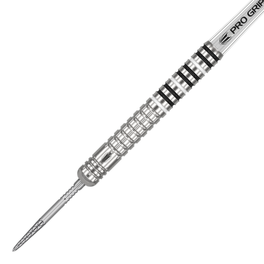 Freccette in acciaio Chris Dobey GEN1 Swiss Point Das Bild zeigt einen silbernen Steeldartpfeil mit einem detailreich gearbeiteten Griff. Auf dem Schaft steht "PRO GRIP" und der Pfeil hat mehrere schwarze Ringe als Markierungen.