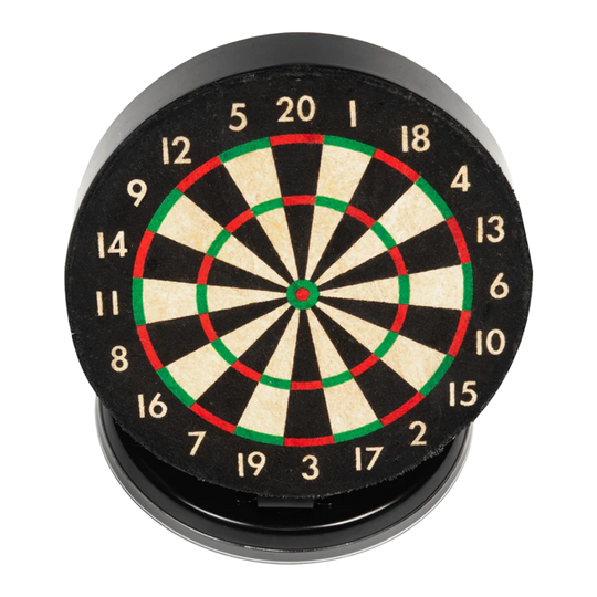 Set di freccette da tavolo Ruthless Mini Das Bild zeigt eine kleine, runde Dartscheibe mit farbigen Markierungen und Zahlen. Sie ist als Mini-Desktop-Set gestaltet und eignet sich für den Schreibtisch.