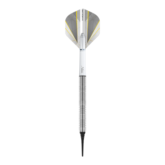 Red Dragon Seren 1 Freccette morbide pure - 20 g Das Bild zeigt einen Red Dragon Seren 1 Pure Softdart mit einem Gewicht von 20 Gramm. Der Dart ist silberfarben und hat eine weiße und gelbe Flight.