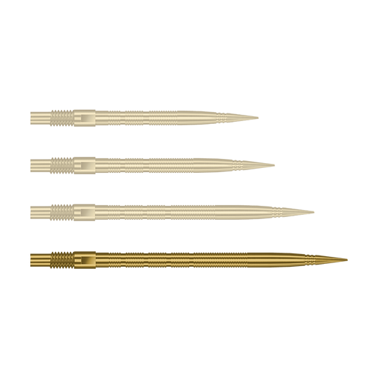 Hier sieht man eine einzelne Harrows Quick Point MicroRidge Dartspitze in Gold, 40mm. Sie liegt auf einem hellen Hintergrund.