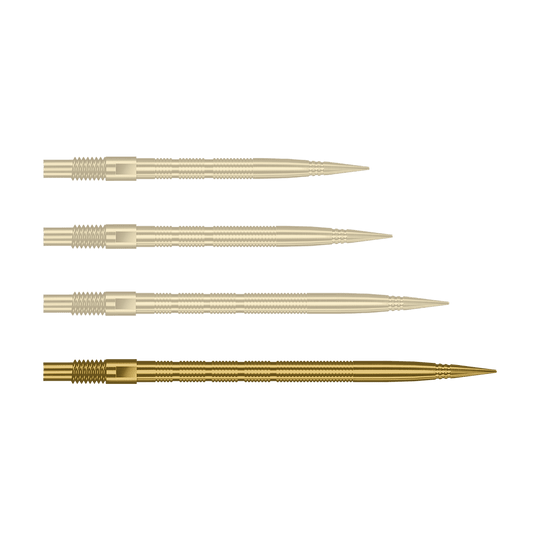 Punte per freccette Harrows Quick Point Micro Ridge - Oro Hier sieht man eine einzelne Harrows Quick Point MicroRidge Dartspitze in Gold, 40mm. Sie liegt auf einem hellen Hintergrund.