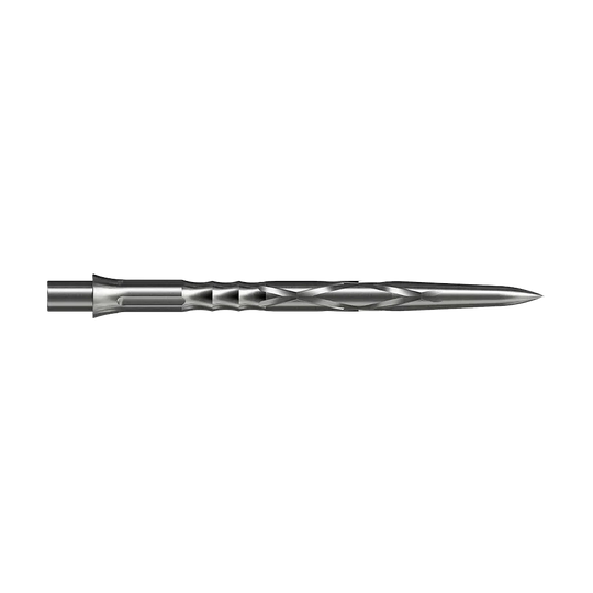 Punte per freccette in acciaio Caliburn System - HAN G2 - Argento Auf dem Bild ist eine silberne Steeldartspitze mit eingedrehtem Muster zu sehen. Sie ist lang und schmal mit einer spitzen Spitze.