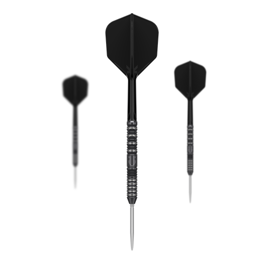 Freccette in acciaio Target Japan Black Marque Draco GEN2 Das Bild zeigt drei schwarze Steeldarts des Modells „Target Japan Black Marque Draco GEN2“. Die Pfeile haben eine metallische Spitze und ein elegantes, gerilltes Design am Griff.