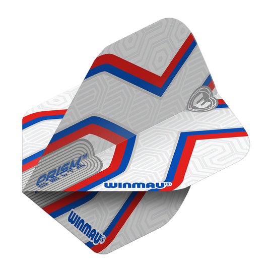 Voli standard Winmau Prism Delta Epix No2 Das Bild zeigt die Winmau Prism Delta Epix No2 Standard Flights. Die Flights sind hauptsächlich weiß mit roten und blauen Streifen sowie dem Winmau-Logo.