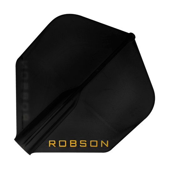 Voli Robson Plus - Standard Dies ist ein schwarzes Dartflight mit der Aufschrift "ROBSON" in gelber Farbe. Das Flight hat eine Standardform und wirkt robust.
