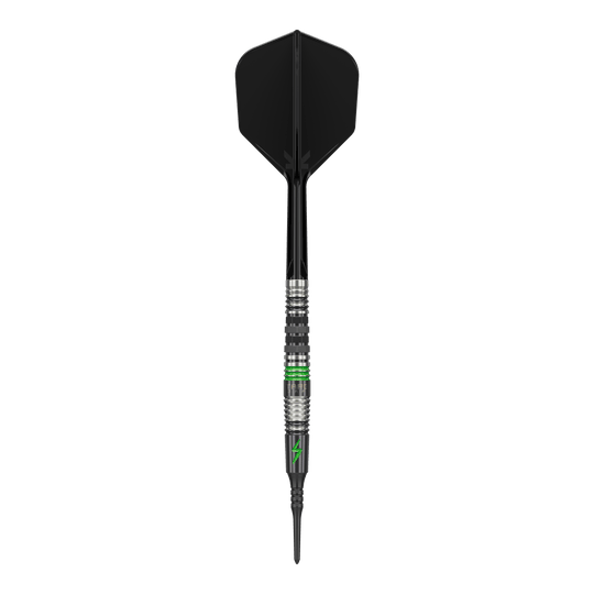 Target Japan Black Marque Lightning 3 freccette morbide - 19 g Dieses Bild zeigt einen Softdart mit dem Namen "Target Japan Black Marque Lightning 3" mit einem Gewicht von 19g. Der Dart ist überwiegend schwarz mit silbernen und grünen Akzenten gestaltet.