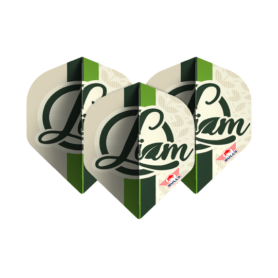 Bulls NL Player 100 Liam Maendl Lawrance No2 Standard Flights Das Bild zeigt drei Dart-Flights mit dem Namen "Liam" in grüner Schrift darauf. Unten rechts befindet sich das rote Bulls NL Logo.