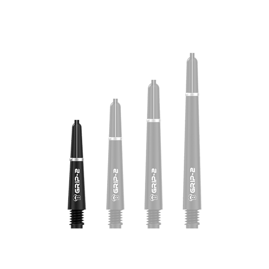 Das Bild zeigt vier schwarze Bulls B-Grip-2 SL Shafts in unterschiedlichen Längen. Sie sind für Dartpfeile gedacht und haben ein schlichtes, modernes Design.