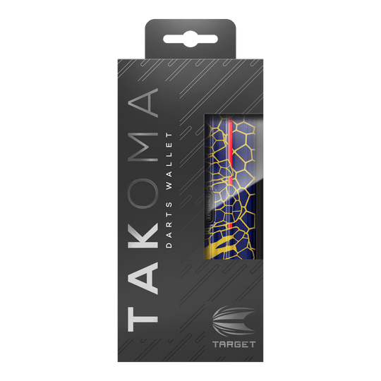Custodia per freccette Target Takoma Josh Rock Dies ist das Target Takoma Josh Rock Dartcase in einer eleganten schwarzen Verpackung. Durch das Sichtfenster sieht man das Design des Dartcases mit einem blauen und gelben Wabenmuster.