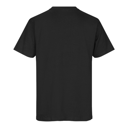T-shirt barili e alberi - nera Dies ist ein einfaches schwarzes T-Shirt. Auf dem Bild ist die Rückseite des T-Shirts zu sehen.