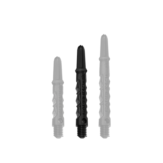 HR435_Harrows_Carbon_ST_Shafts_Schwarz_40mm_1V1fjkppyyNJnt Das Bild zeigt drei schwarze Harrows Carbon ST Shafts in verschiedenen Längen. Die Dartschäfte bestehen aus robustem Material und haben ein modernes Design.