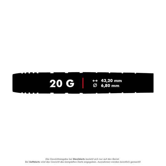 RD2505_Red_Dragon_Luke_Humphries_TX1_Softdarts_5_20g Das Bild zeigt einen Dart mit der Aufschrift "20 G". Die Maße sind 43,20 mm Länge und 6,80 mm Durchmesser.